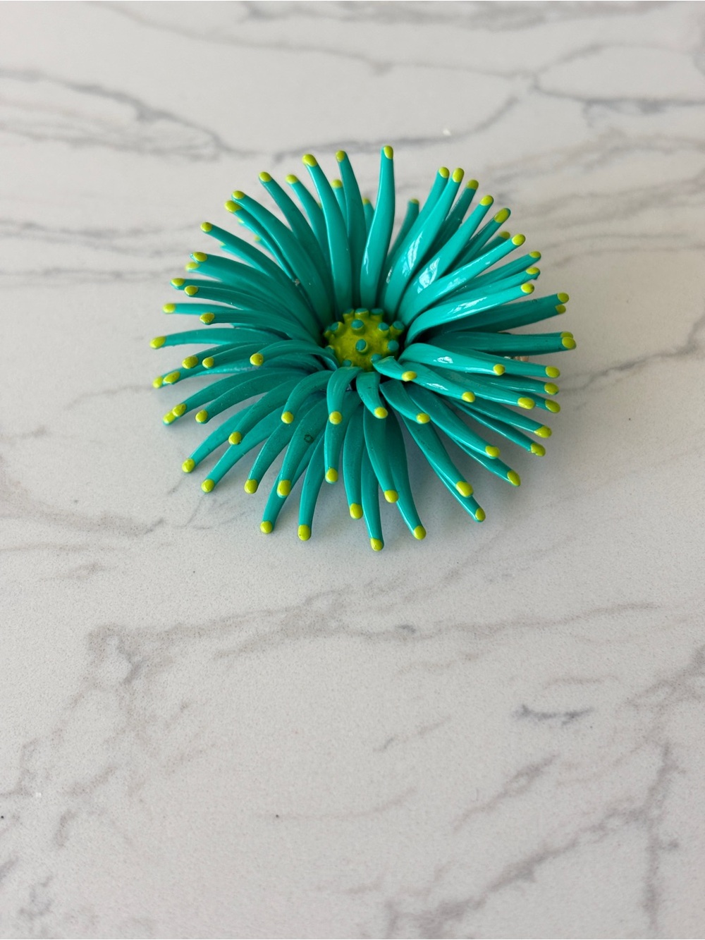 Vintage enamel and metal pin, teal and lime green mum